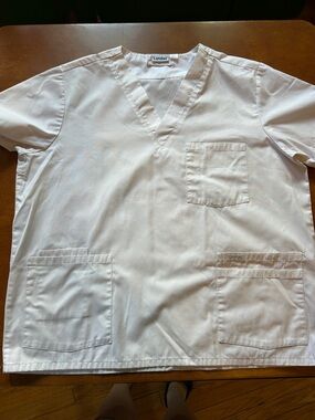 Landau White V-Neck Scrub Top with Pockets